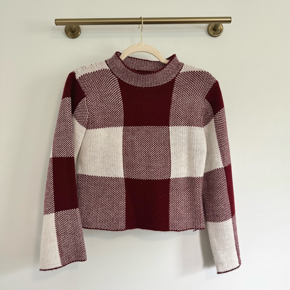 Checkered Burgundy & White Cropped Bell Sleeve Mock Neck Sweater